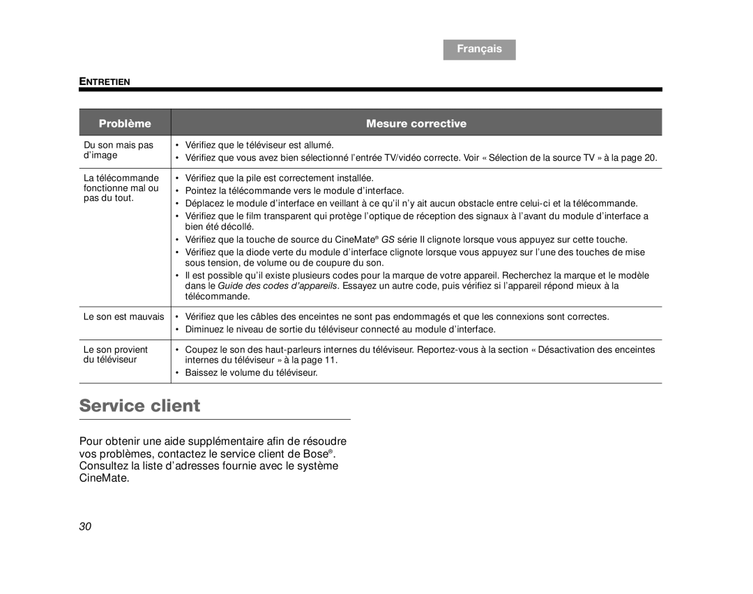 Bose CINEMATEGSII, GS Series II, AM323023, SERIES 2, CINEMATEII manual Service client 