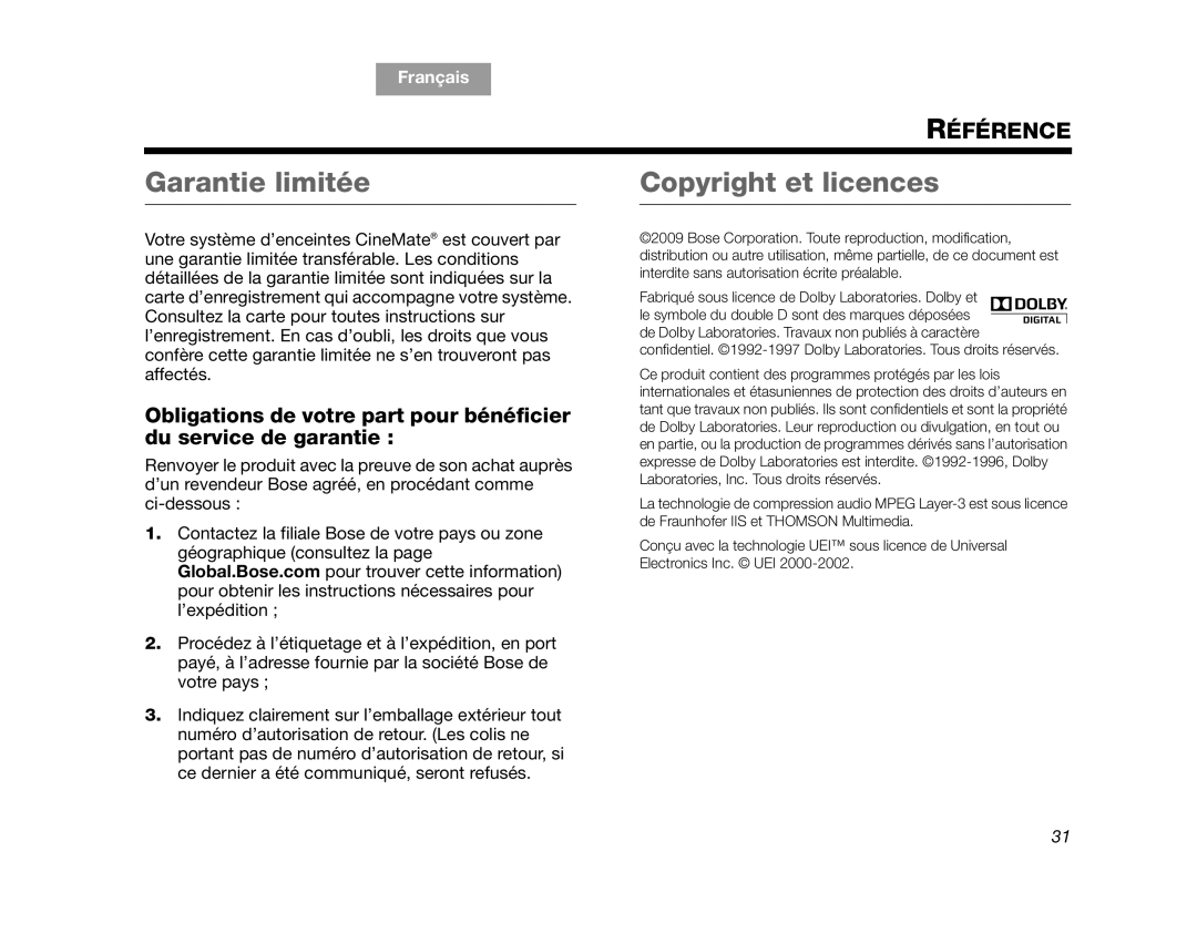 Bose GS Series II, CINEMATEGSII, AM323023, SERIES 2, CINEMATEII manual Garantie limitée, Copyright et licences 