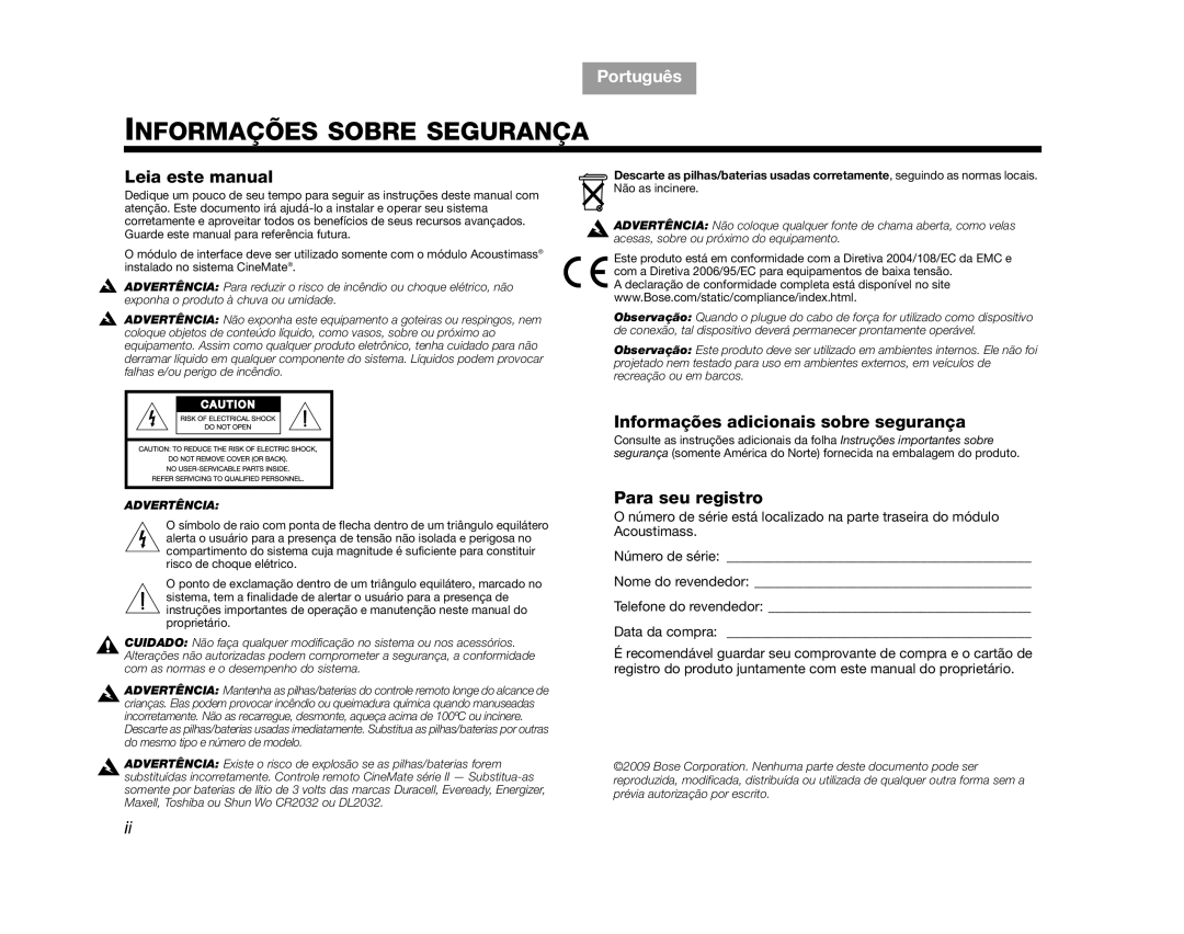 Bose AM323023, CINEMATEGSII, GS Series II, SERIES 2, CINEMATEII manual Informações Sobre Segurança 