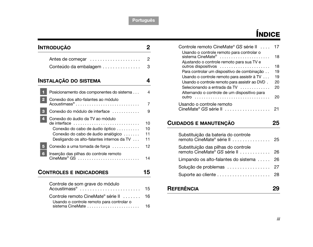 Bose SERIES 2, CINEMATEGSII, GS Series II, AM323023, CINEMATEII manual Índice 