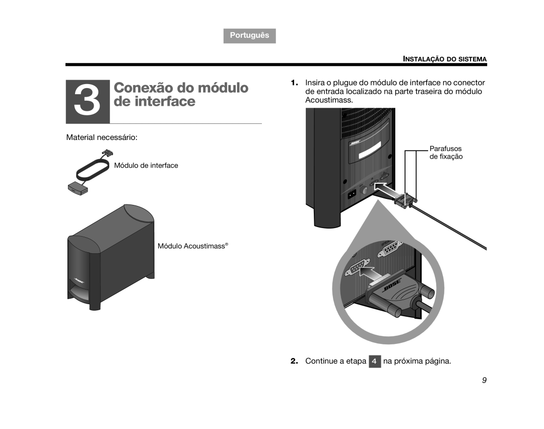 Bose CINEMATEGS Conexão do módulo 3 de interface, TAB 1, Tab, Português, TAB 5, TAB 6, TAB 7, TAB 8, Instalação Do Sistema 