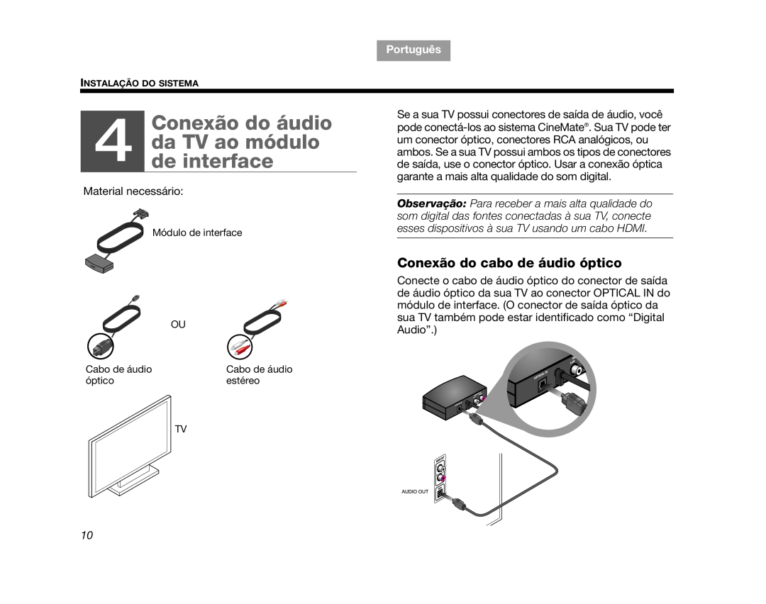 Bose CINEMATEGSII manual Conexão do áudio 4 da TV ao módulo de interface, TAB 8, Tab, TAB 6, TAB 5, Português, TAB 3, TAB 2 