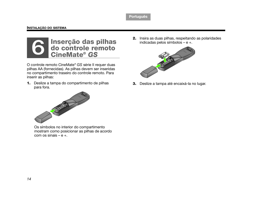 Bose CINEMATEII Inserção das pilhas 6 do controle remoto, CineMate GS, TAB 8, TAB 7, TAB 6, TAB 5, Português, TAB 3, TAB 2 