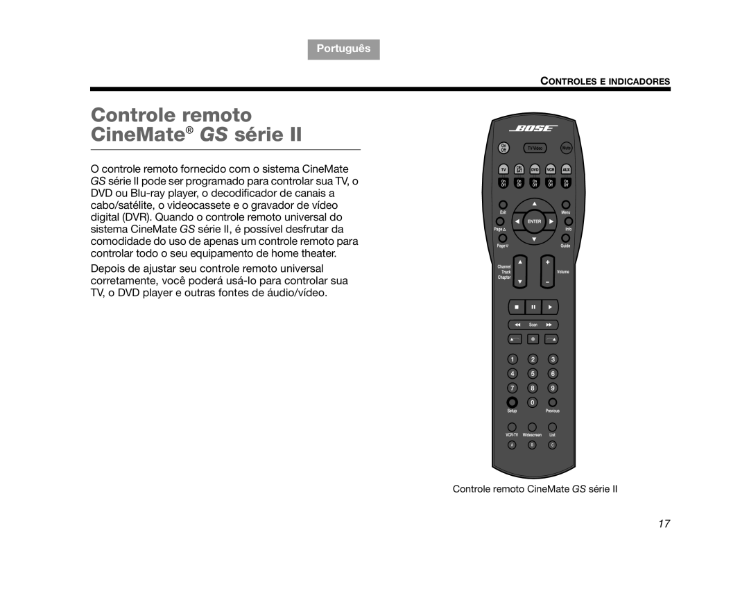 Bose GS Series II, CINEMATEGSII manual Controle remoto CineMate GS série, Tab, TAB 2, TAB 3, Português, TAB 6, TAB 7, TAB 8 