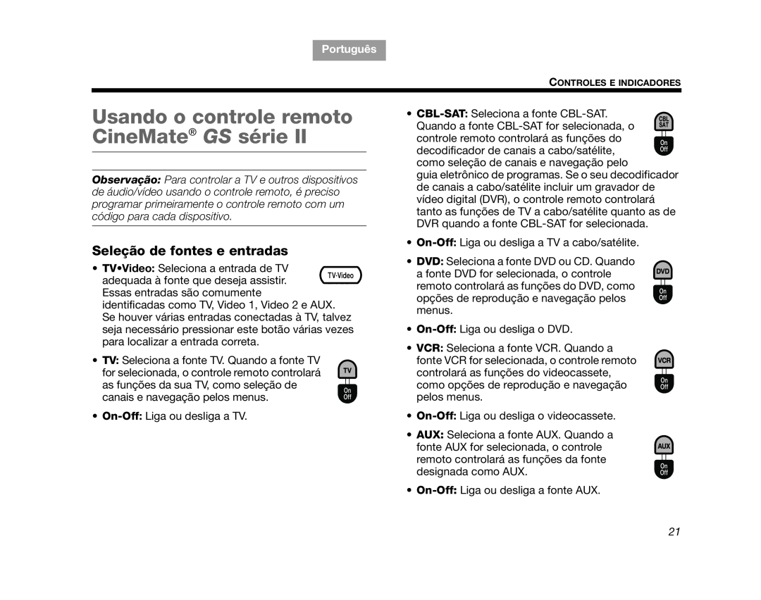 Bose CINEMATEGS Usando o controle remoto CineMate GS série, TAB 1, TAB 2, TAB 3, Português, TAB 5, TAB 6, TAB 7, TAB 8 
