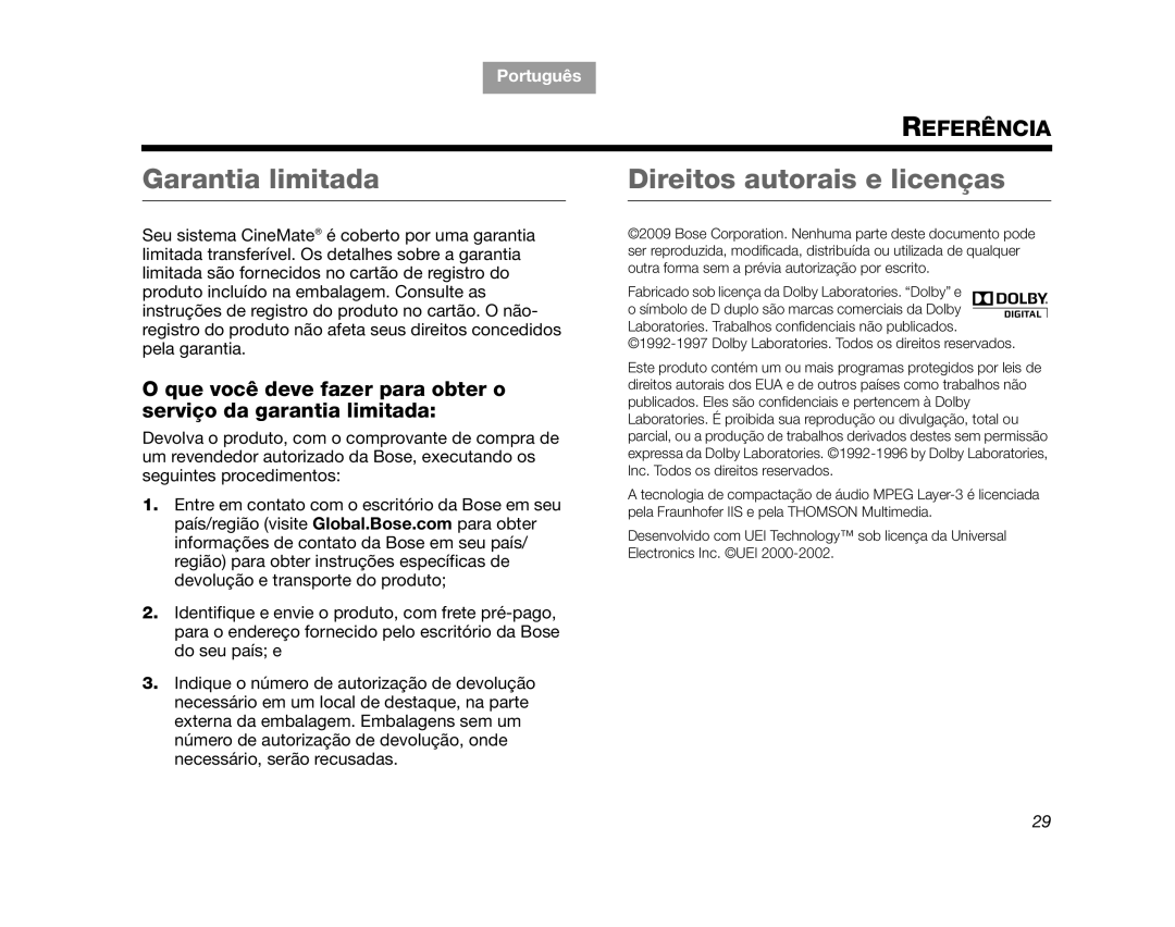 Bose GS Series II, CINEMATEGSII manual Garantia limitada, Direitos autorais e licenças, Referência, Português, Tab, TAB 8 