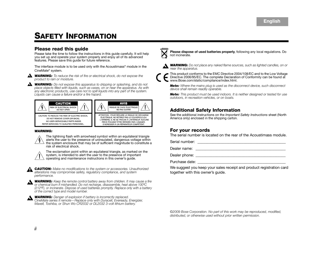 Bose AM323023 manual Safety Information, Svenska Nederlands FrançaisItalino EspañolDeutsch, English, Please read this guide 
