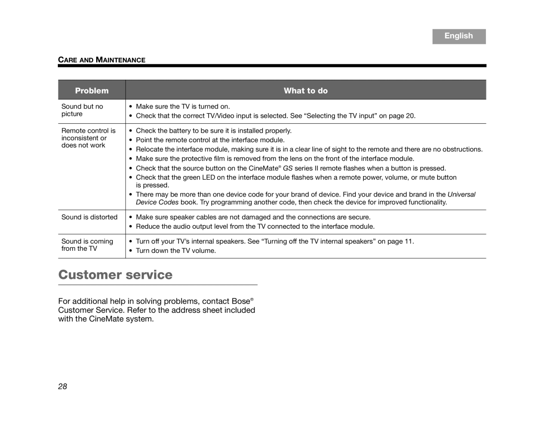 Bose CINEMATEGSII, GS Series II manual Customer service, Svenska, Nederlands, English, Problem, What to do, FrançaisItliano 