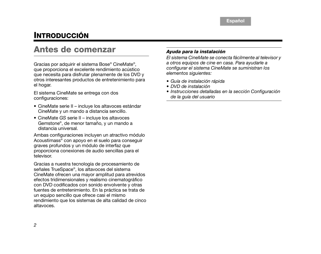 Bose CINEMATEII, CINEMATEGSII, GS Series II manual Antes de comenzar, Introducción, Español, TAB 1, Ayuda para la instalación 