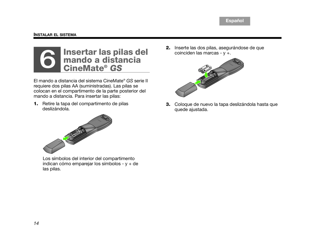 Bose CINEMATEII Insertar las pilas del 6 mando a distancia, CineMate GS, TAB 8, TAB 7, TAB 6, TAB 5, Tab, TAB 3, Español 