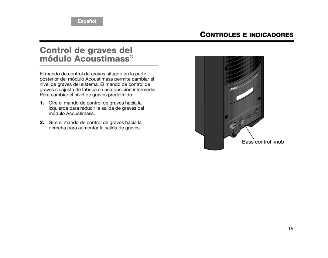 Bose CINEMATEGS manual Control de graves del módulo Acoustimass, Controles E Indicadores, Bass control knob, Español, TAB 4 