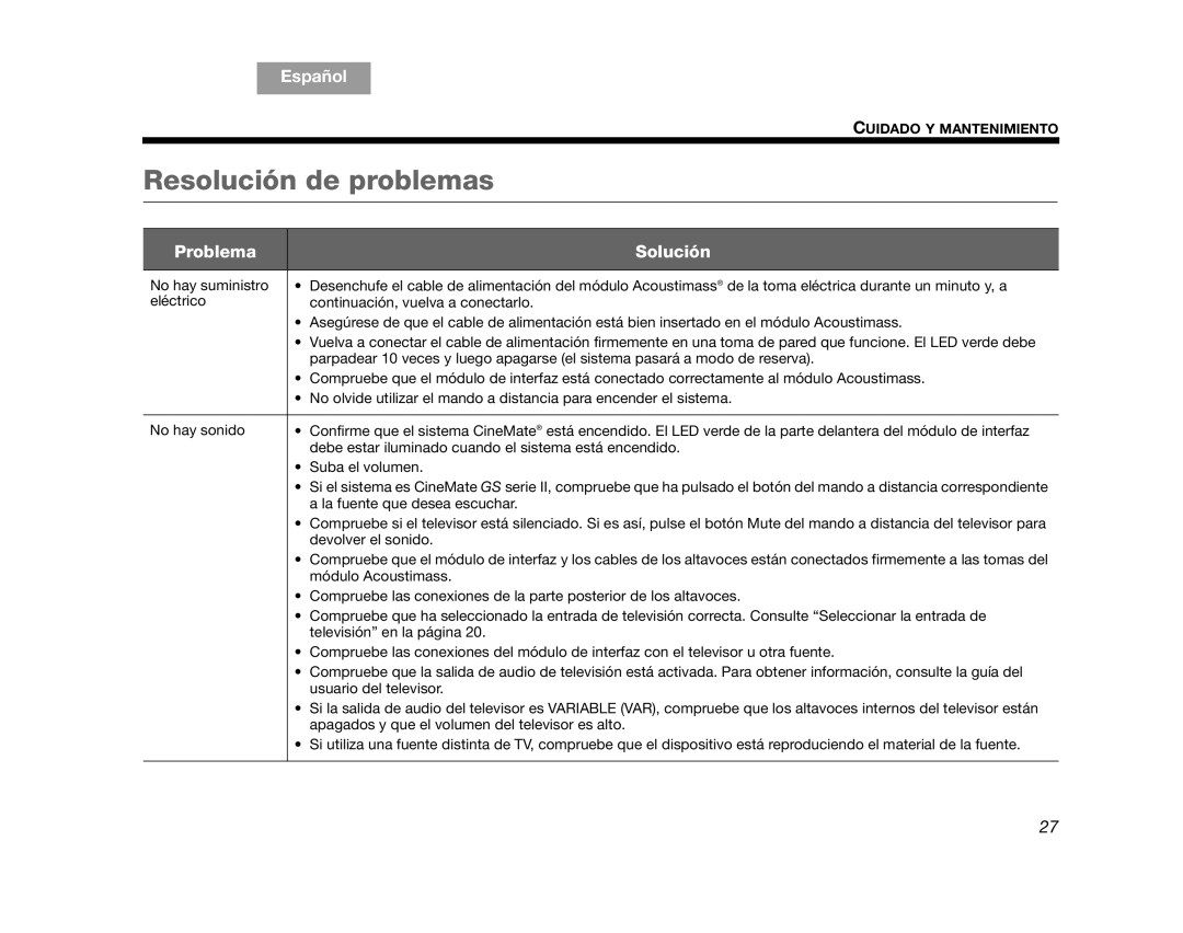Bose CINEMATEGS manual Resolución de problemas, TAB 1, Español, TAB 3, Tab, TAB 5, TAB 6, TAB 7, TAB 8, Problema, Solución 