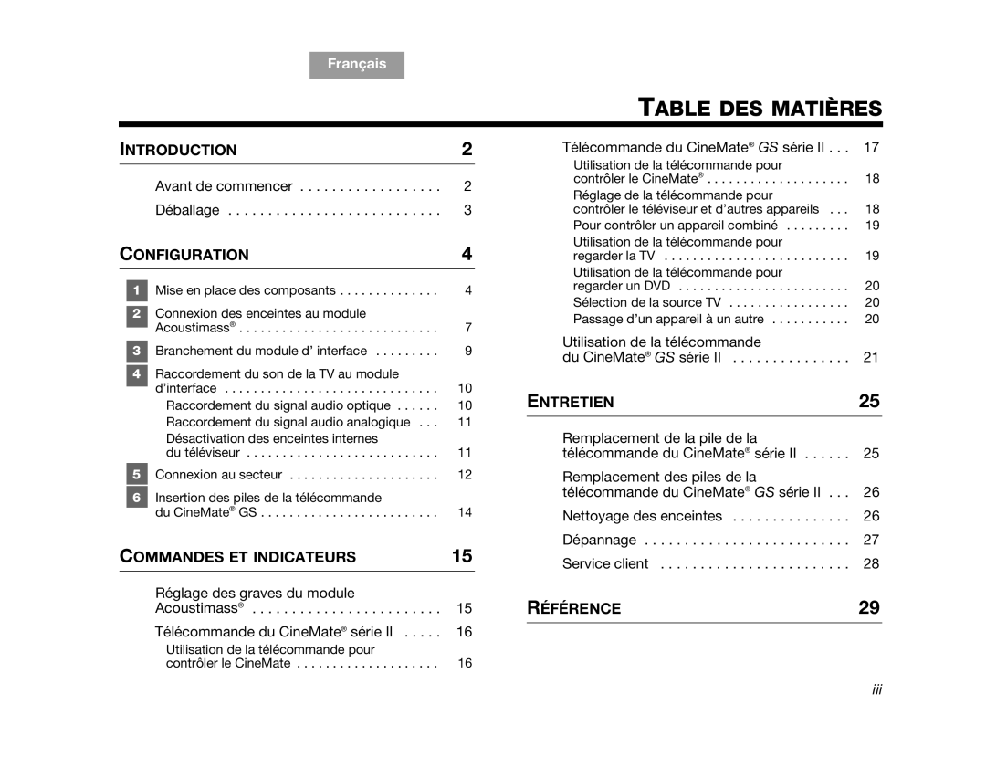 Bose SERIES 2 manual Table Des Matières, Introduction, Configuration, Commandes Et Indicateurs, Entretien, Référence, TAB 2 