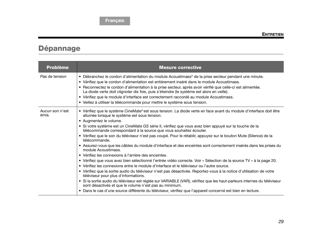 Bose CINEMATEGS manual Dépannage, TAB 1, TAB 2, Français, TAB 4, TAB 5, TAB 6, TAB 7, TAB 8, Problème, Mesure corrective 