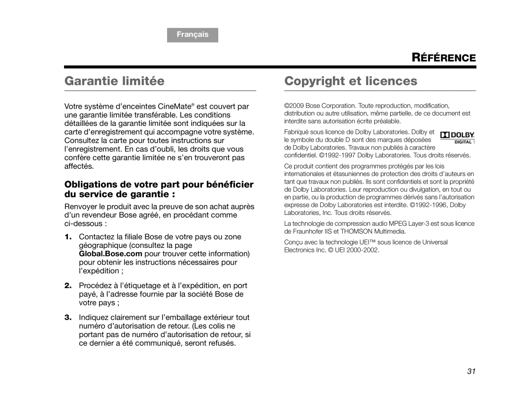 Bose GS Series II Garantie limitée, Copyright et licences, Référence, TAB 2, Français, TAB 4, TAB 5, TAB 6, TAB 7, TAB 8 