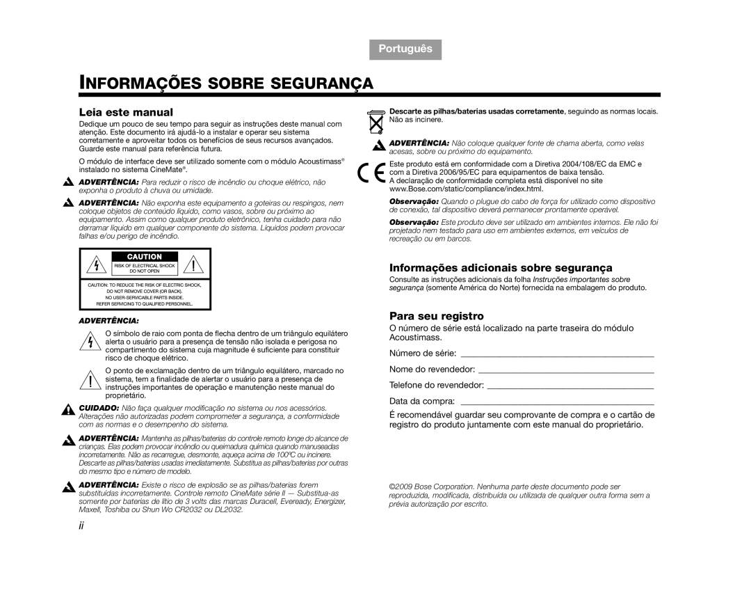 Bose AM323023 Informações Sobre Segurança, TAB 7, TAB 5, Português, TAB 3, TAB 2, Leia este manual, Para seu registro 