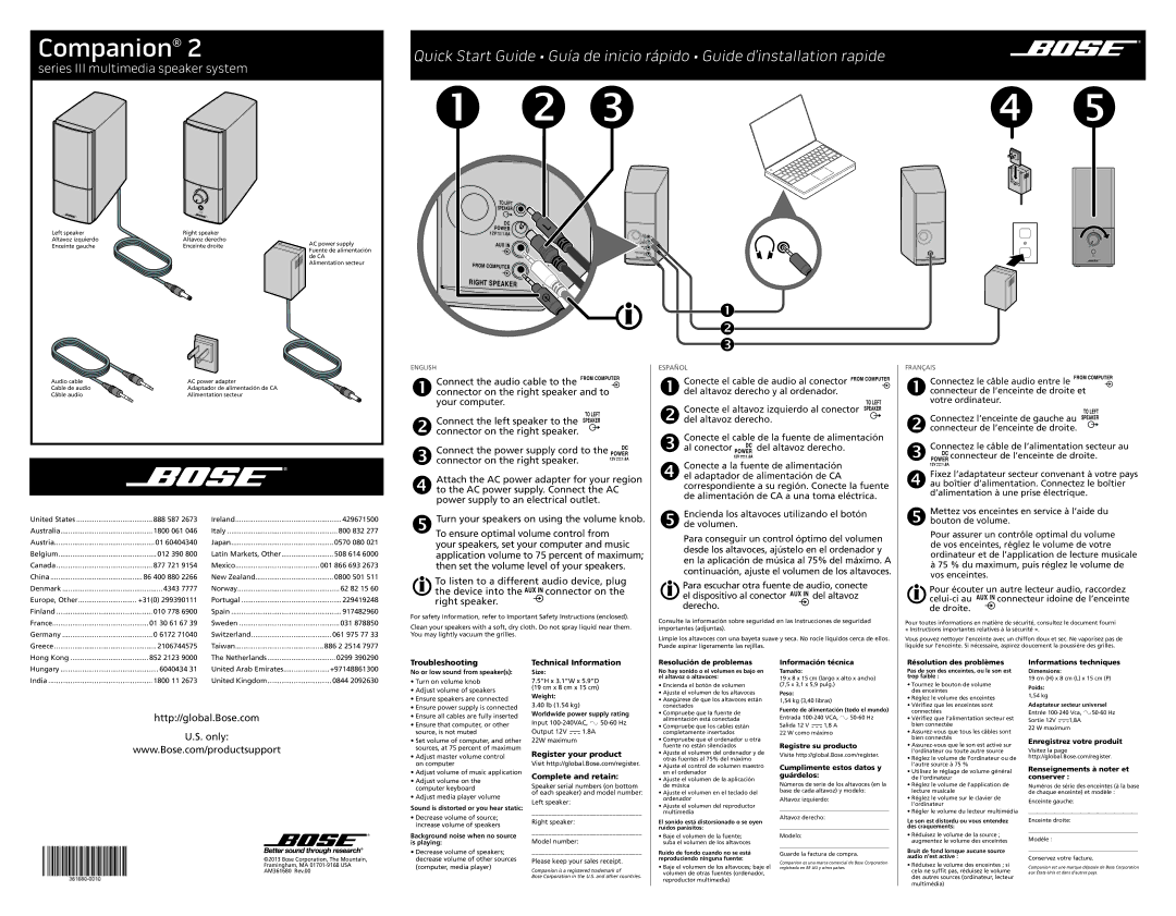 Bose Companion 2 Series III quick start Troubleshooting, Technical Information, Register your product Complete and retain 