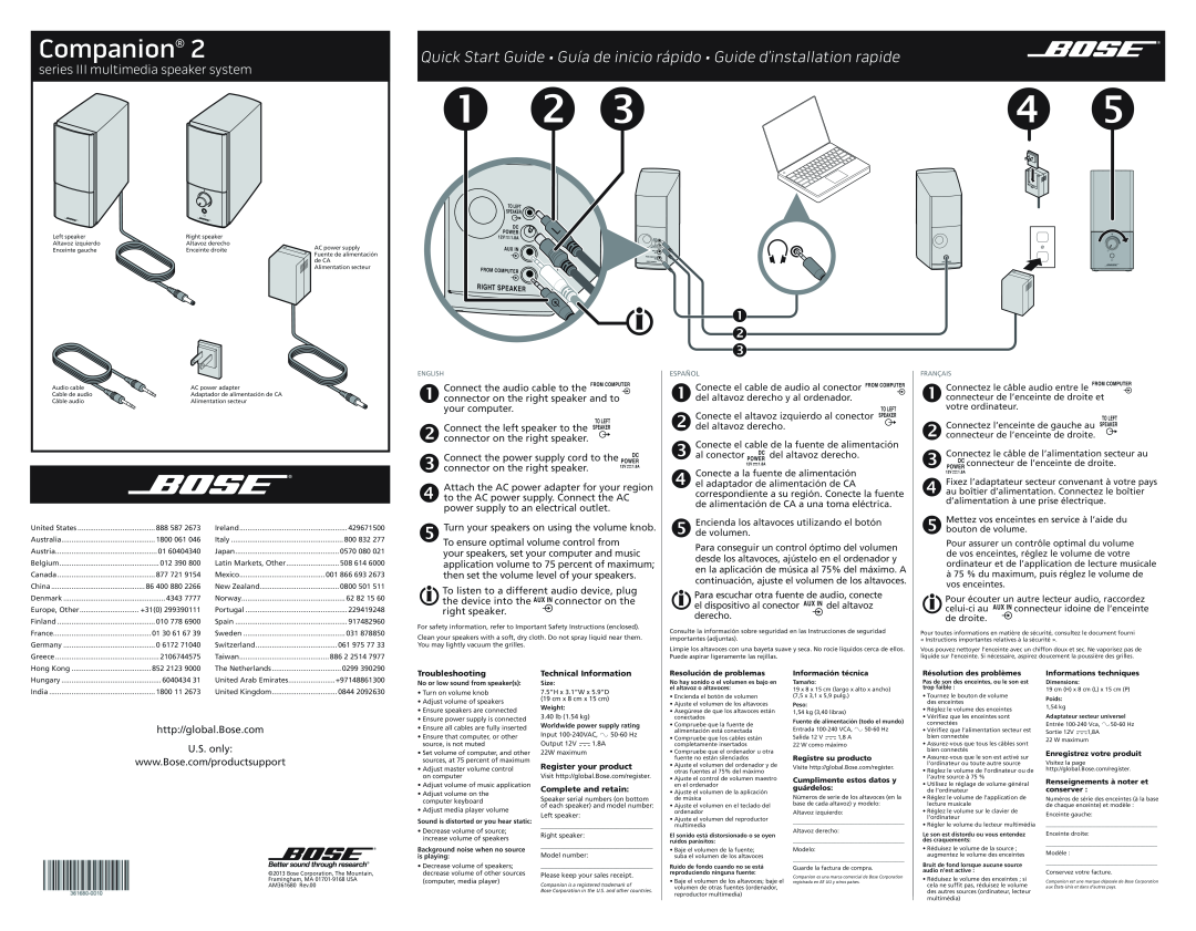 Bose Companion 2 Series III quick start   , Connect the left speaker to the, connector­ on the right speaker, Español 