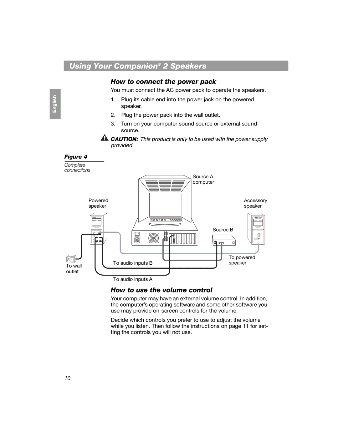 Bose COMPANION 2 manual Using Your Companion 2 Speakers, How to connect the power pack, How to use the volume control 