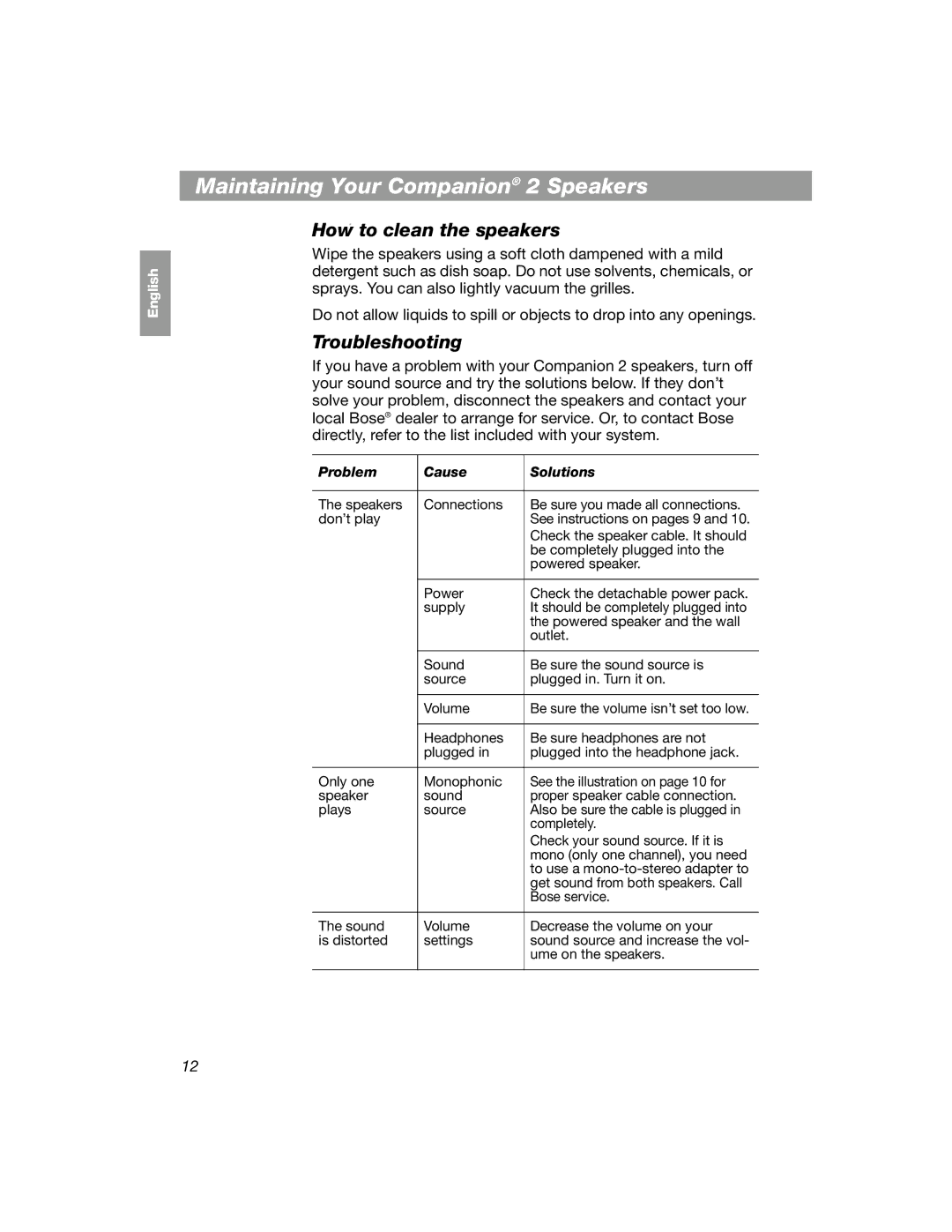 Bose COMPANION 2 manual Maintaining Your Companion 2 Speakers, How to clean the speakers, Troubleshooting 