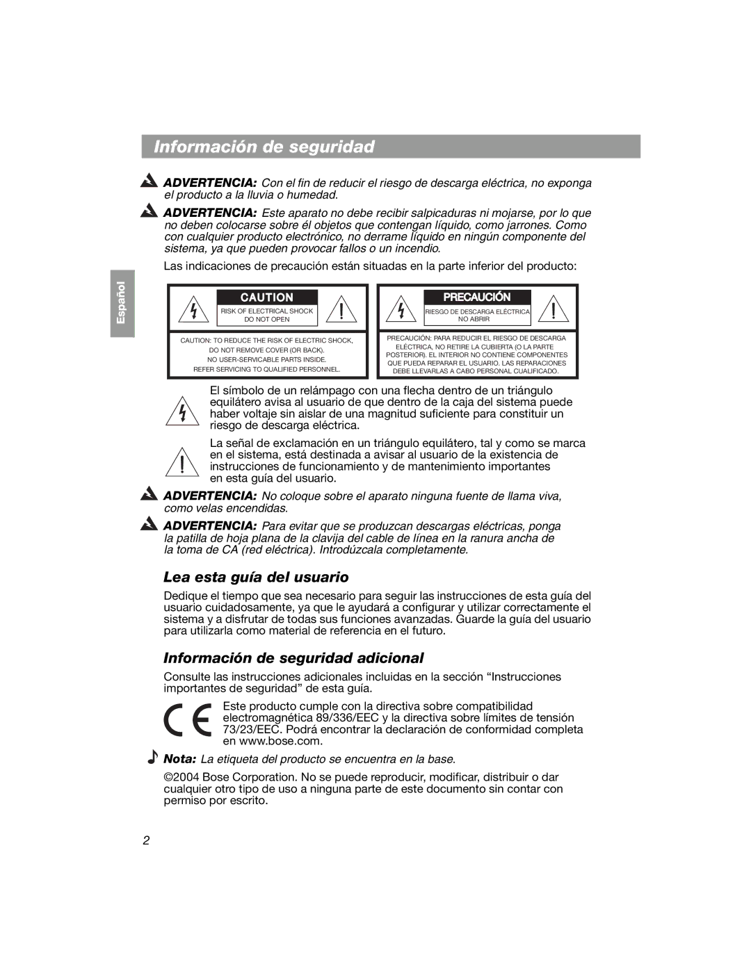 Bose COMPANION 2 manual Lea esta guía del usuario, Información de seguridad adicional 