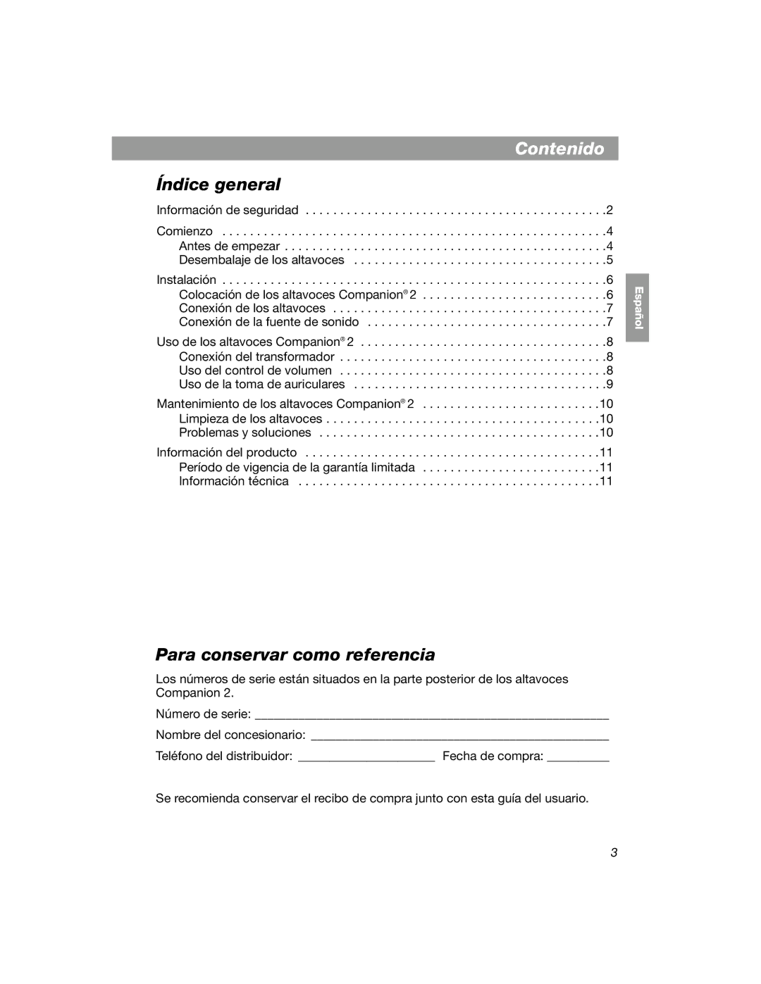 Bose COMPANION 2 manual Contenido, Índice general 