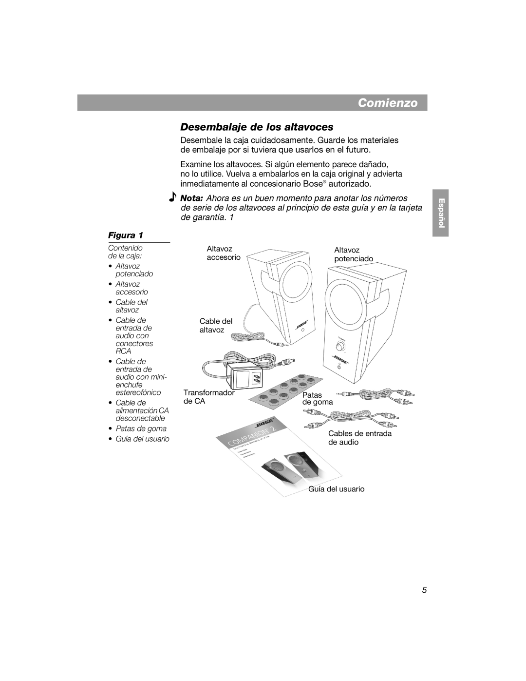 Bose COMPANION 2 manual Desembalaje de los altavoces, Rca 