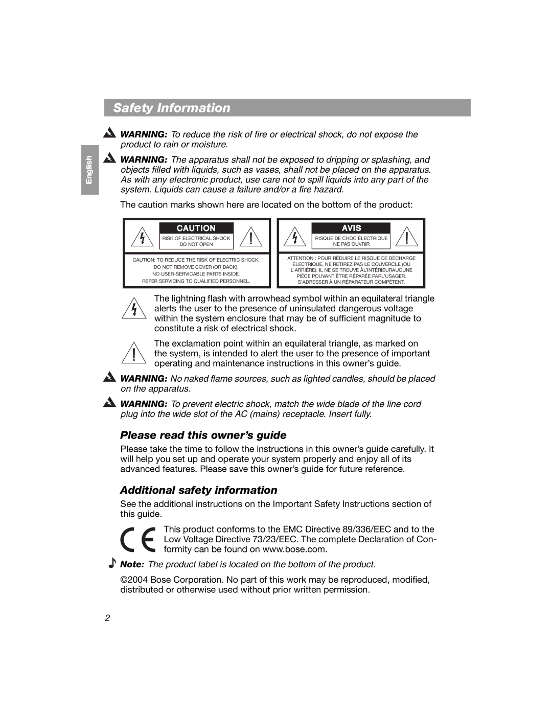 Bose COMPANION 2 manual Safety Information, Please read this owner’s guide, Additional safety information 