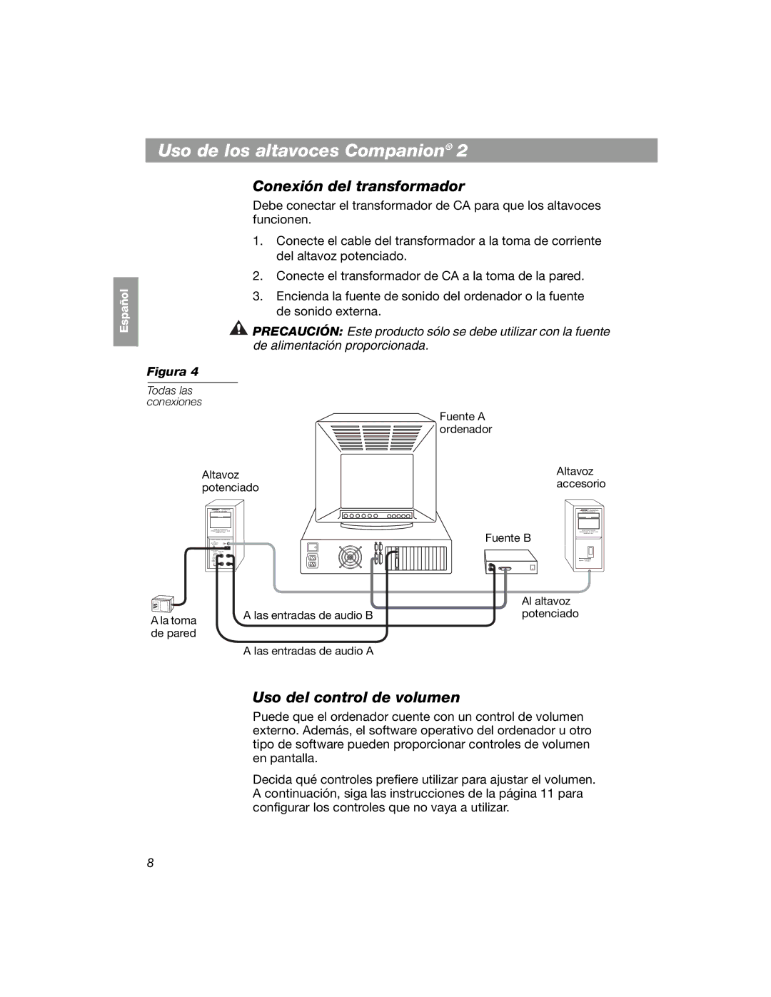 Bose COMPANION 2 manual Uso de los altavoces Companion, Conexión del transformador, Uso del control de volumen 