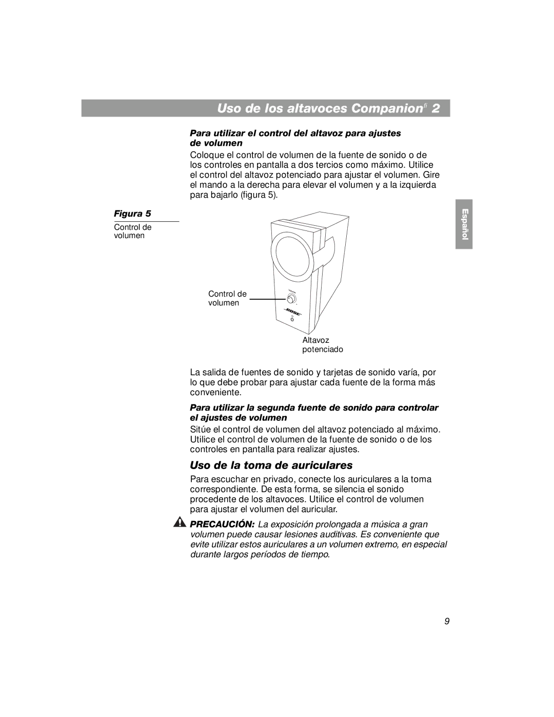 Bose COMPANION 2 manual Uso de la toma de auriculares 