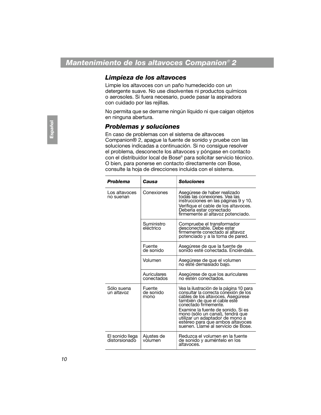 Bose COMPANION 2 manual Mantenimiento de los altavoces Companion, Limpieza de los altavoces, Problemas y soluciones 