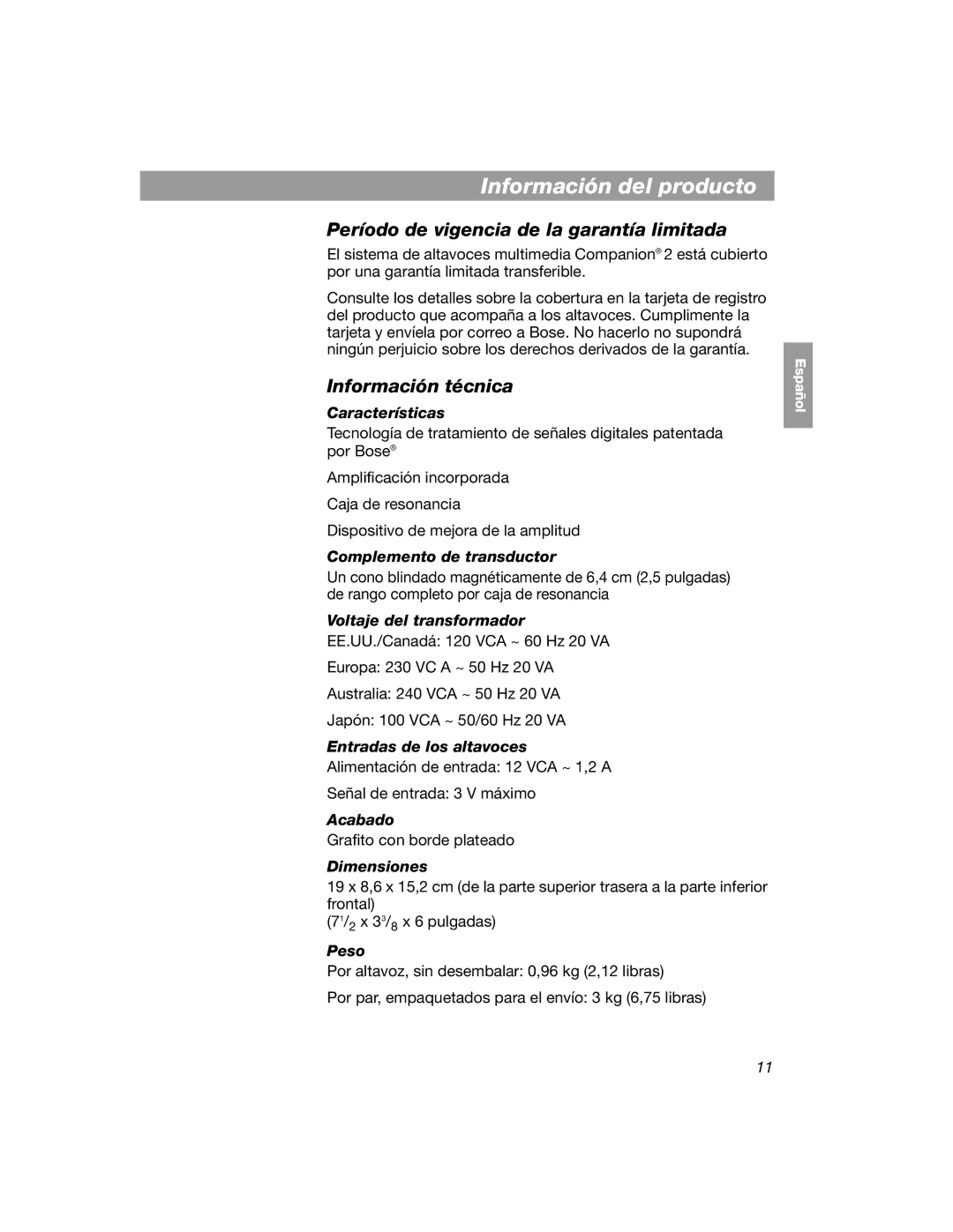 Bose COMPANION 2 manual Información del producto, Período de vigencia de la garantía limitada, Información técnica 