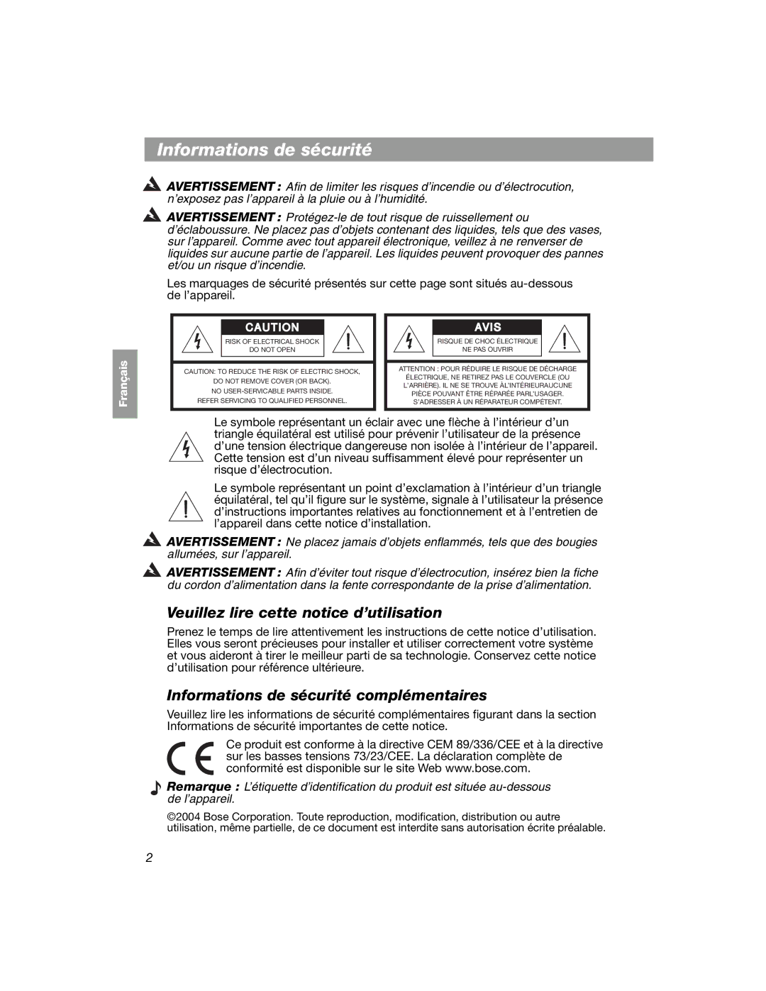 Bose COMPANION 2 manual Informations de sécurité, Veuillez lire cette notice d’utilisation 