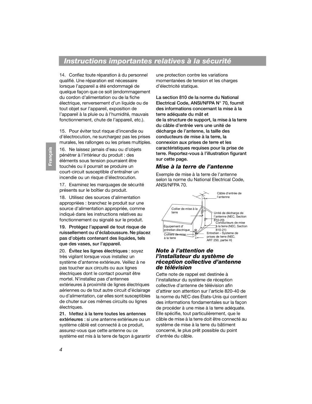 Bose COMPANION 2 manual Mise à la terre de l’antenne 