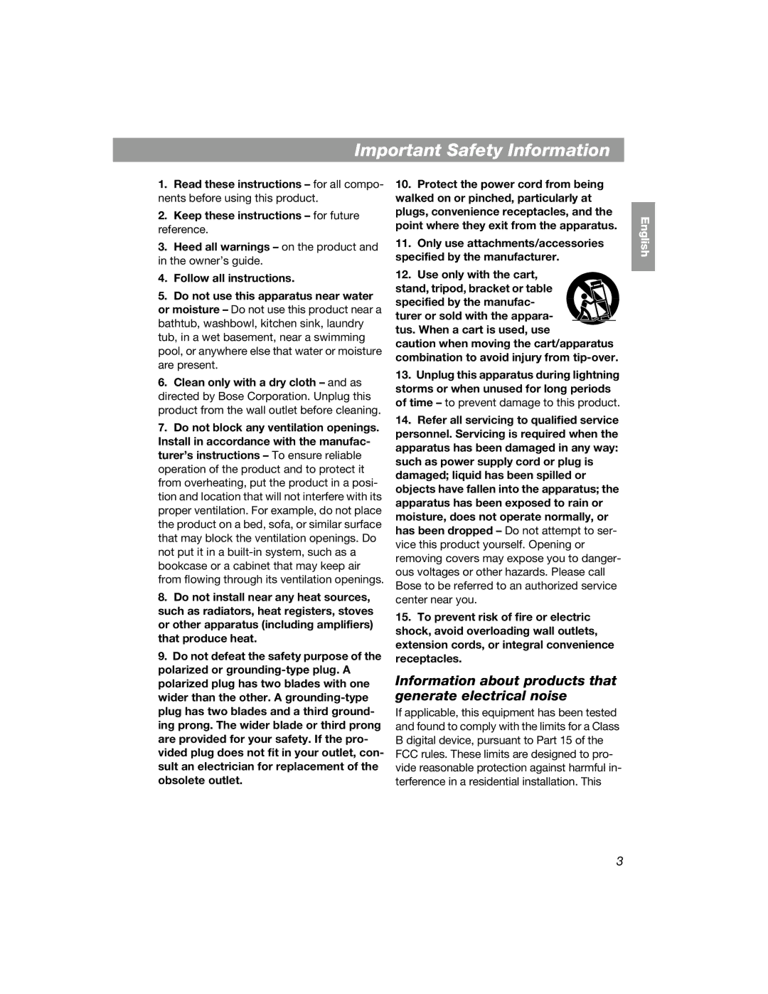 Bose COMPANION 2 manual Important Safety Information, Information about products that generate electrical noise 