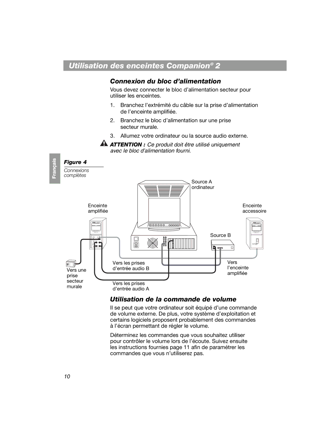 Bose COMPANION 2 manual Utilisation des enceintes Companion, Connexion du bloc d’alimentation 