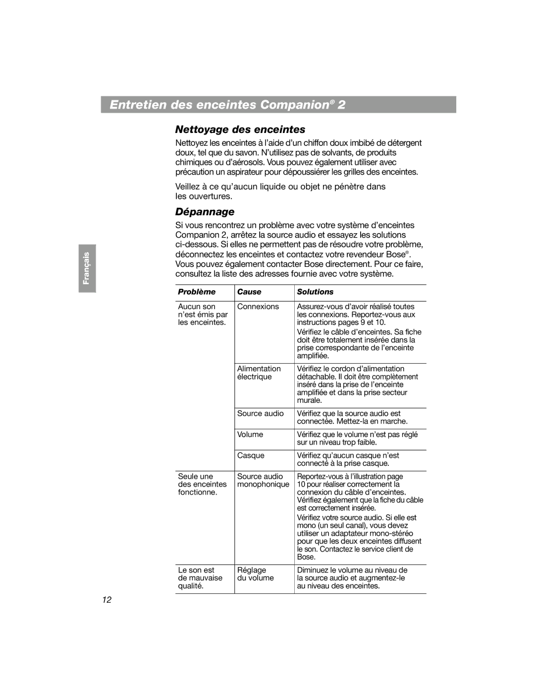 Bose COMPANION 2 manual Entretien des enceintes Companion, Nettoyage des enceintes, Dépannage 