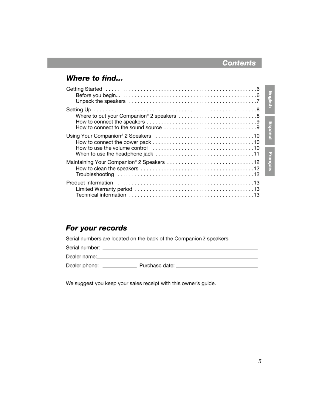 Bose COMPANION 2 manual Contents 