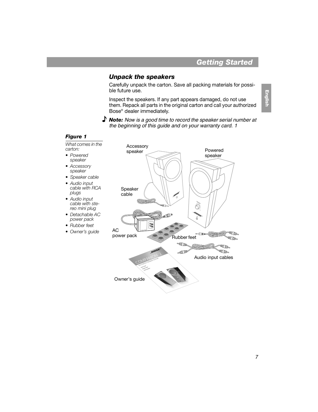 Bose COMPANION 2 manual Unpack the speakers, Rubber feet Owner’s guide 