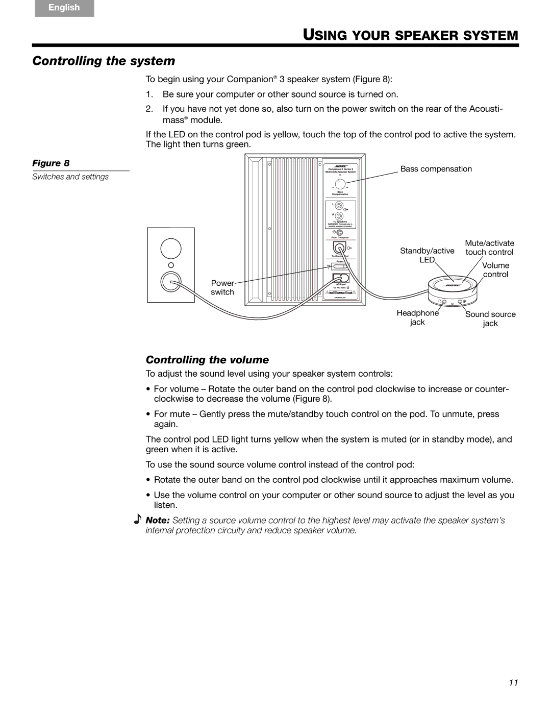 Bose Companion 3 Series II manual Controlling the system, Controlling the volume 