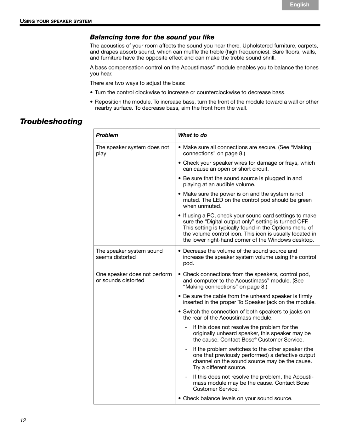 Bose Companion 3 Series II manual Troubleshooting, Balancing tone for the sound you like 