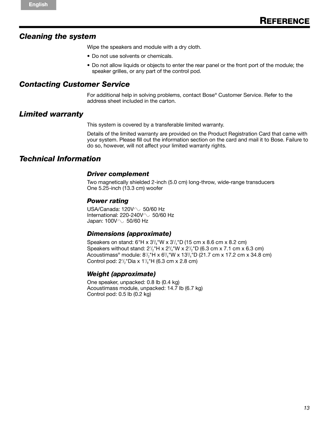 Bose Companion 3 Series II manual Cleaning the system, Contacting Customer Service, Limited warranty, Technical Information 