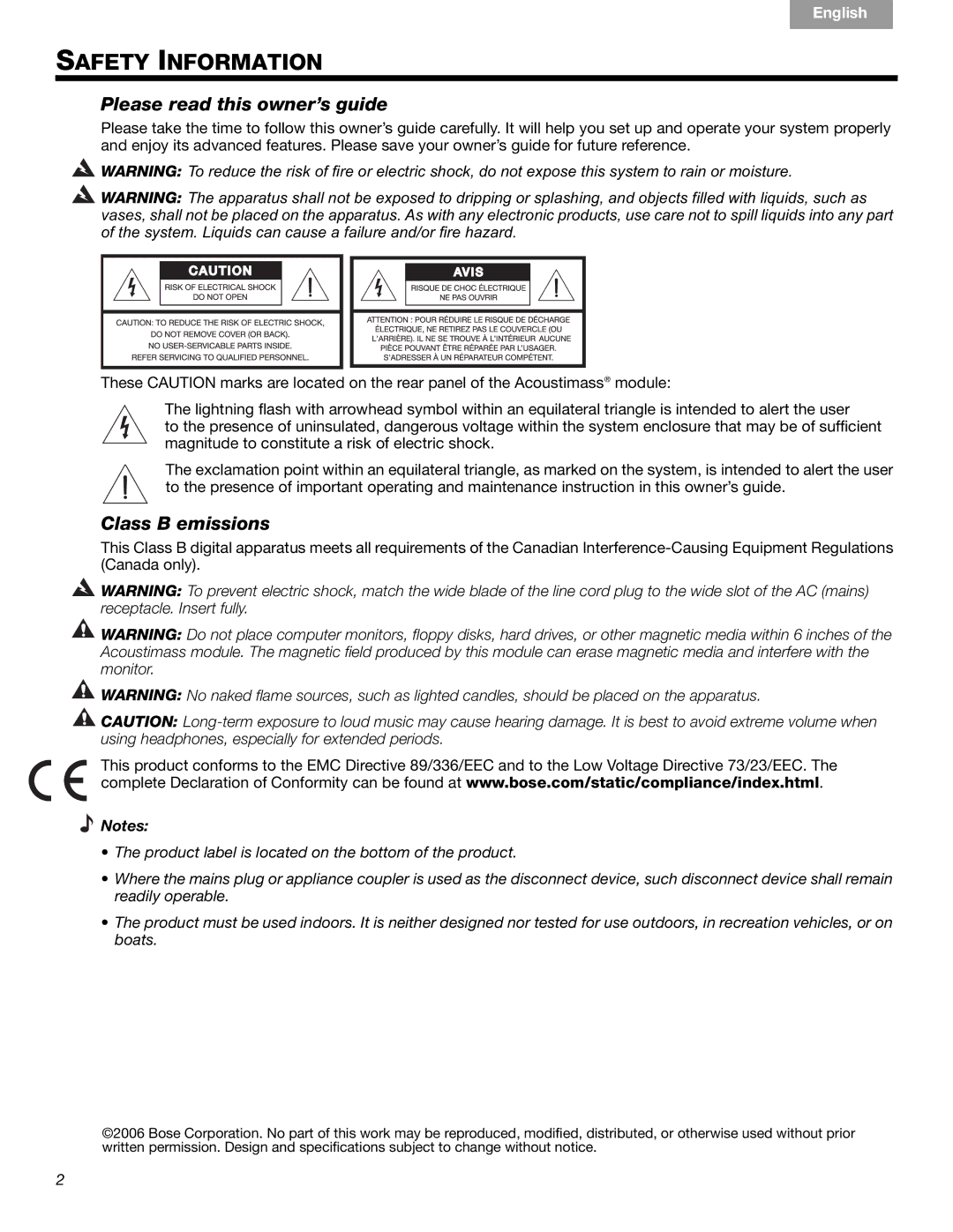 Bose Companion 3 Series II manual Please read this owner’s guide, Class B emissions 