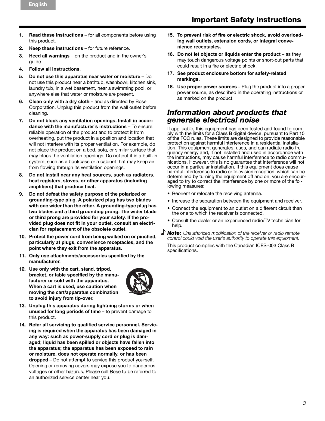 Bose Companion 3 Series II manual Important Safety Instructions, Information about products that generate electrical noise 