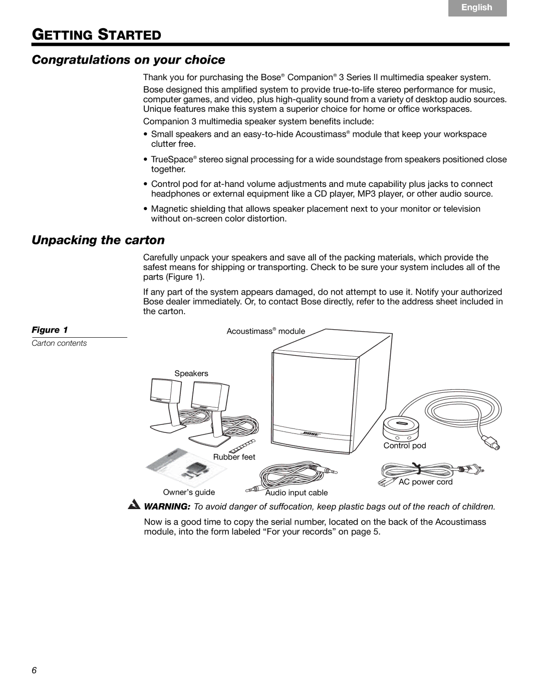 Bose Companion 3 Series II manual Congratulations on your choice, Unpacking the carton 