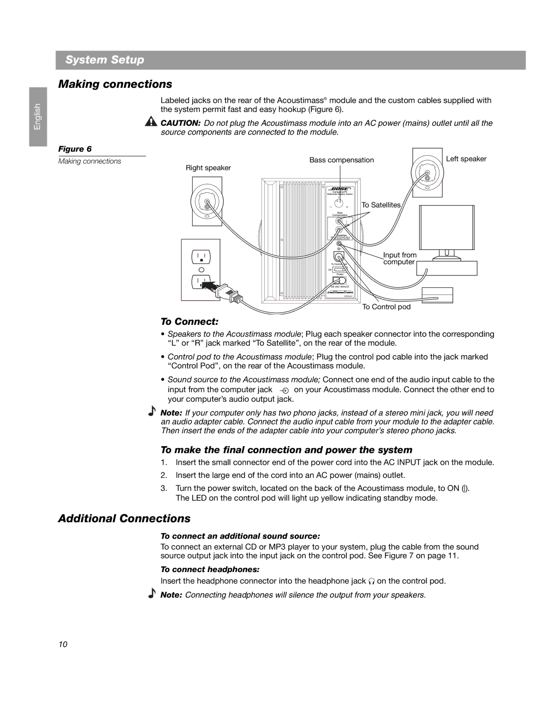 Bose Companion 3 Making connections, Additional Connections, To Connect, To make the final connection and power the system 