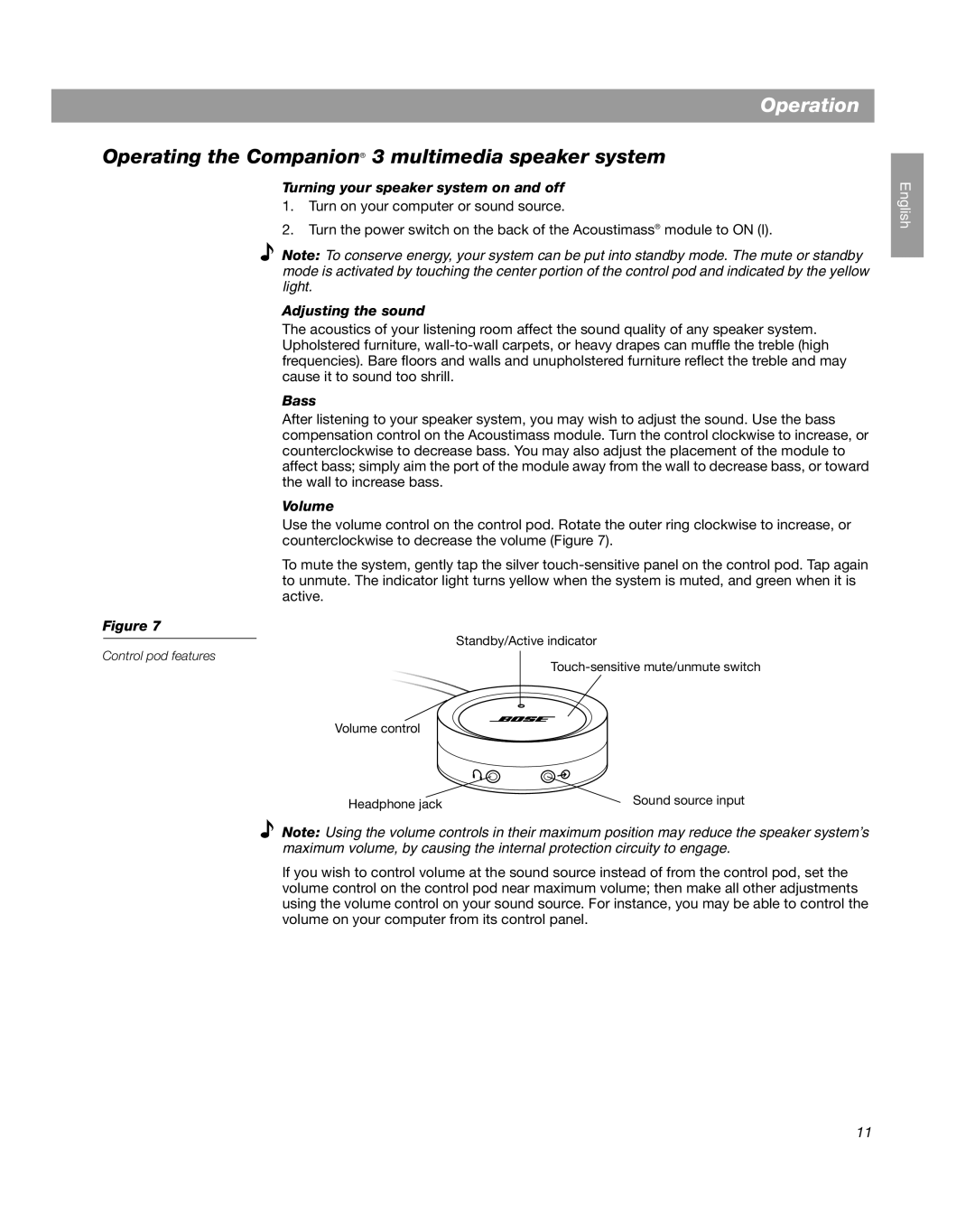 Bose manual Operation, Operating the Companion 3 multimedia speaker system 