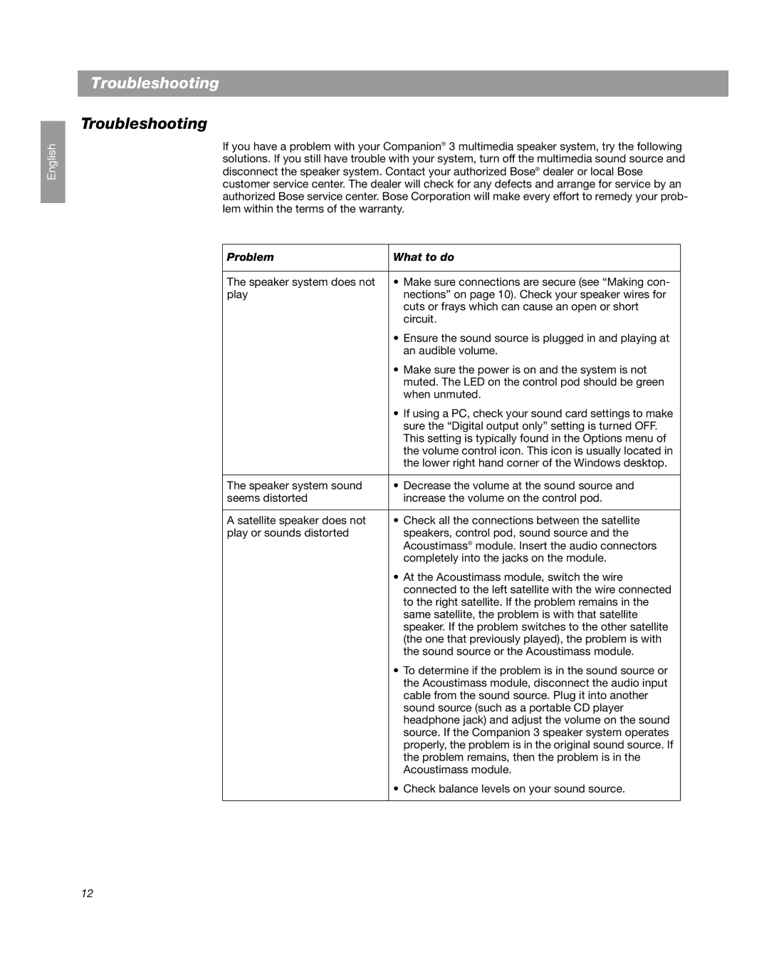 Bose Companion 3 manual Troubleshooting, Problem What to do 