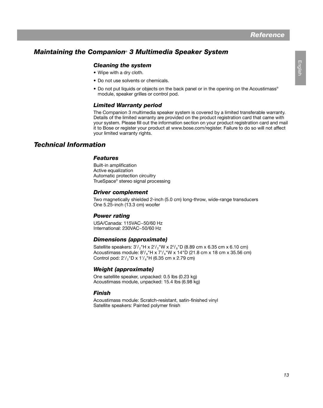 Bose manual Reference, Maintaining the Companion 3 Multimedia Speaker System, Technical Information 