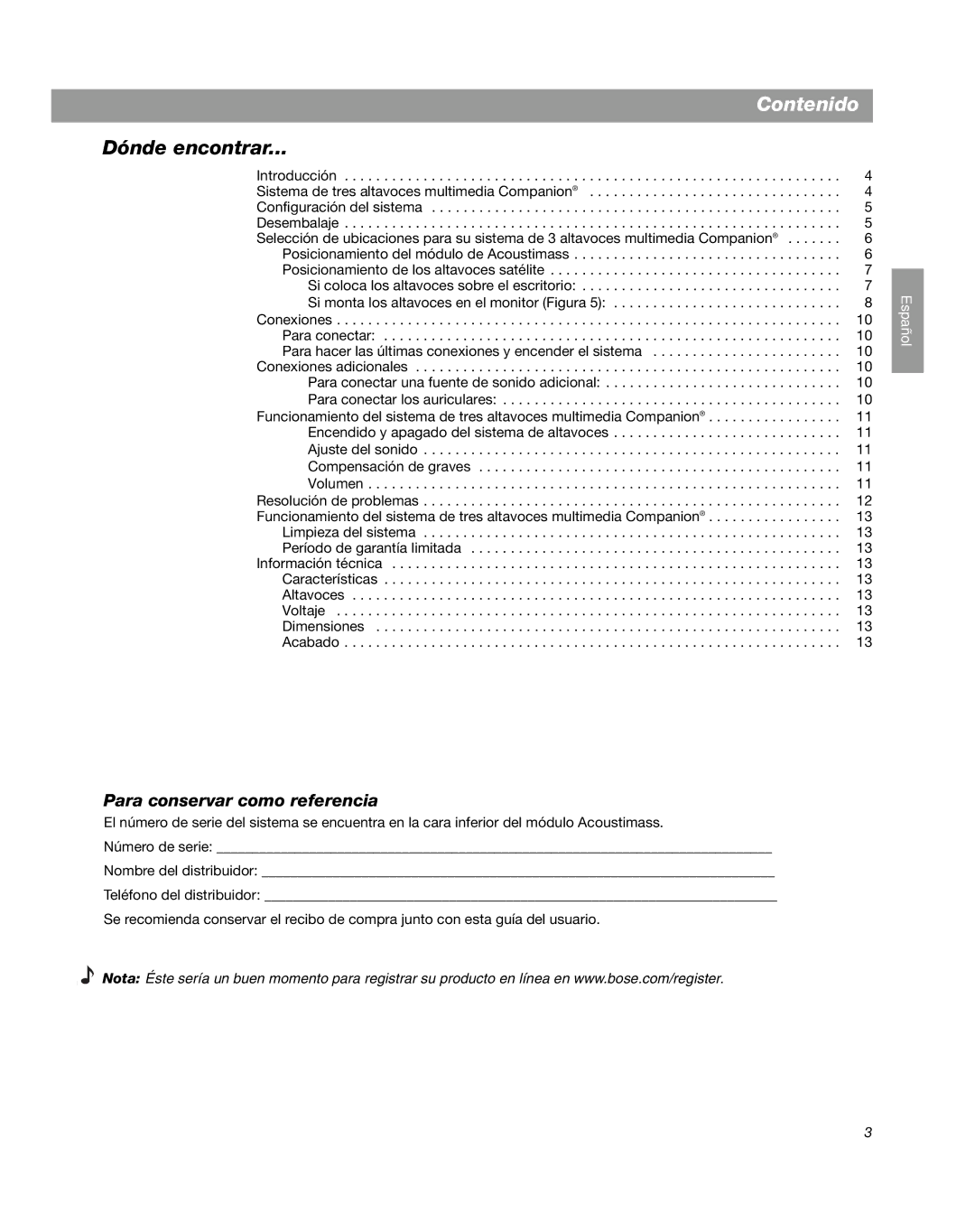 Bose Companion 3 manual Contenido, Dónde encontrar, Para conservar como referencia 